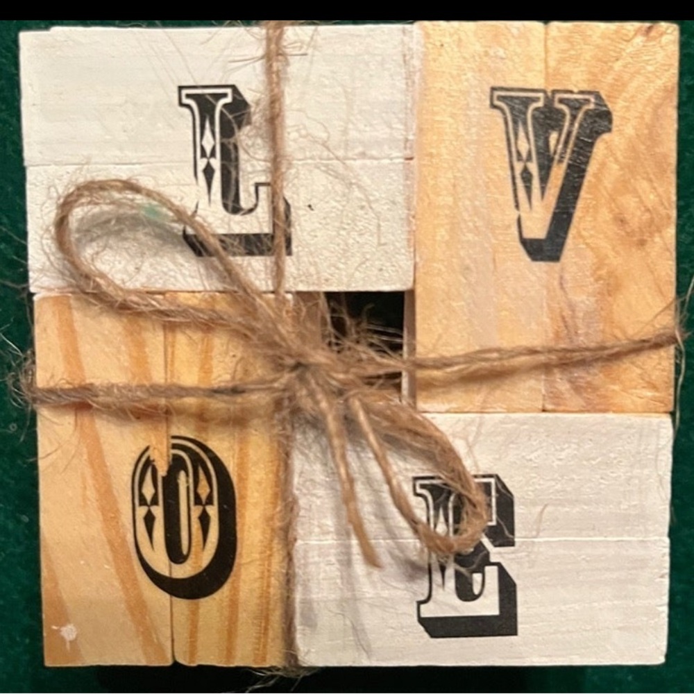 Handmade 1 set of four natural wood & painted, word coasters